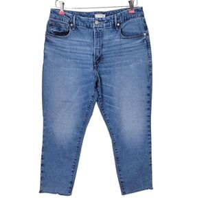 Good American Jeans Size 12/31 33X25 Blue Straight Leg Cropped Raw Hem High Rise